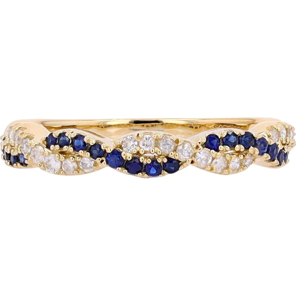 14K Yellow Gold Crossover Band with Prong Set Round Sapphires and Diamonds - 0.10 Carat Total Diamond Weight