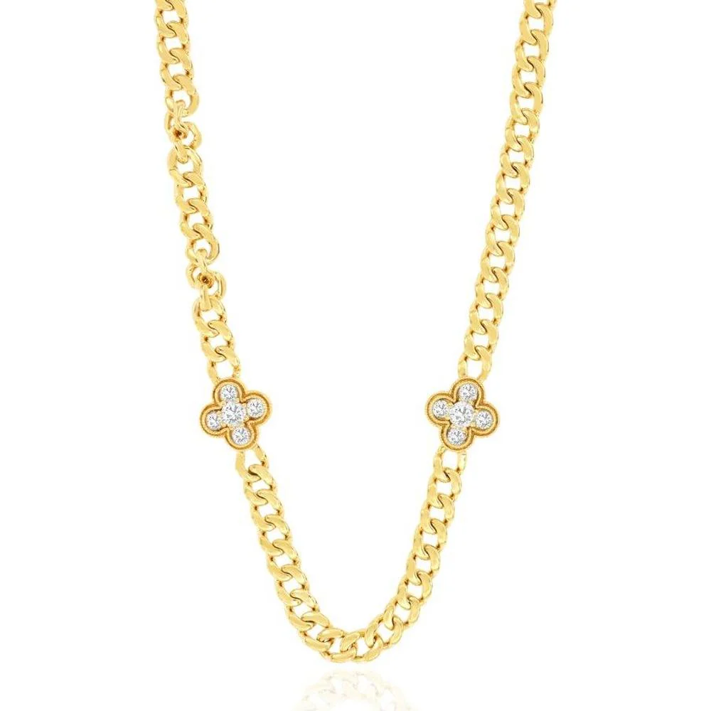 14K Yellow Gold Curb Chain Necklace with Diamond-Set Four Leaf Clover Motif Stations - 0.80 Carat Total Diamond Weight - Royal Jewelry