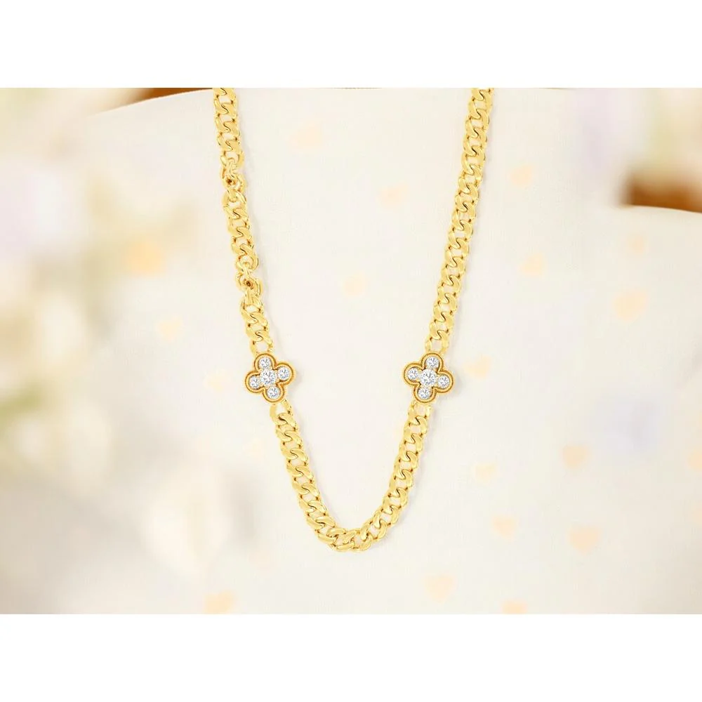 14K Yellow Gold Curb Chain Necklace with Diamond-Set Four Leaf Clover Motif Stations - 0.80 Carat Total Diamond Weight - Royal Jewelry - Image 2