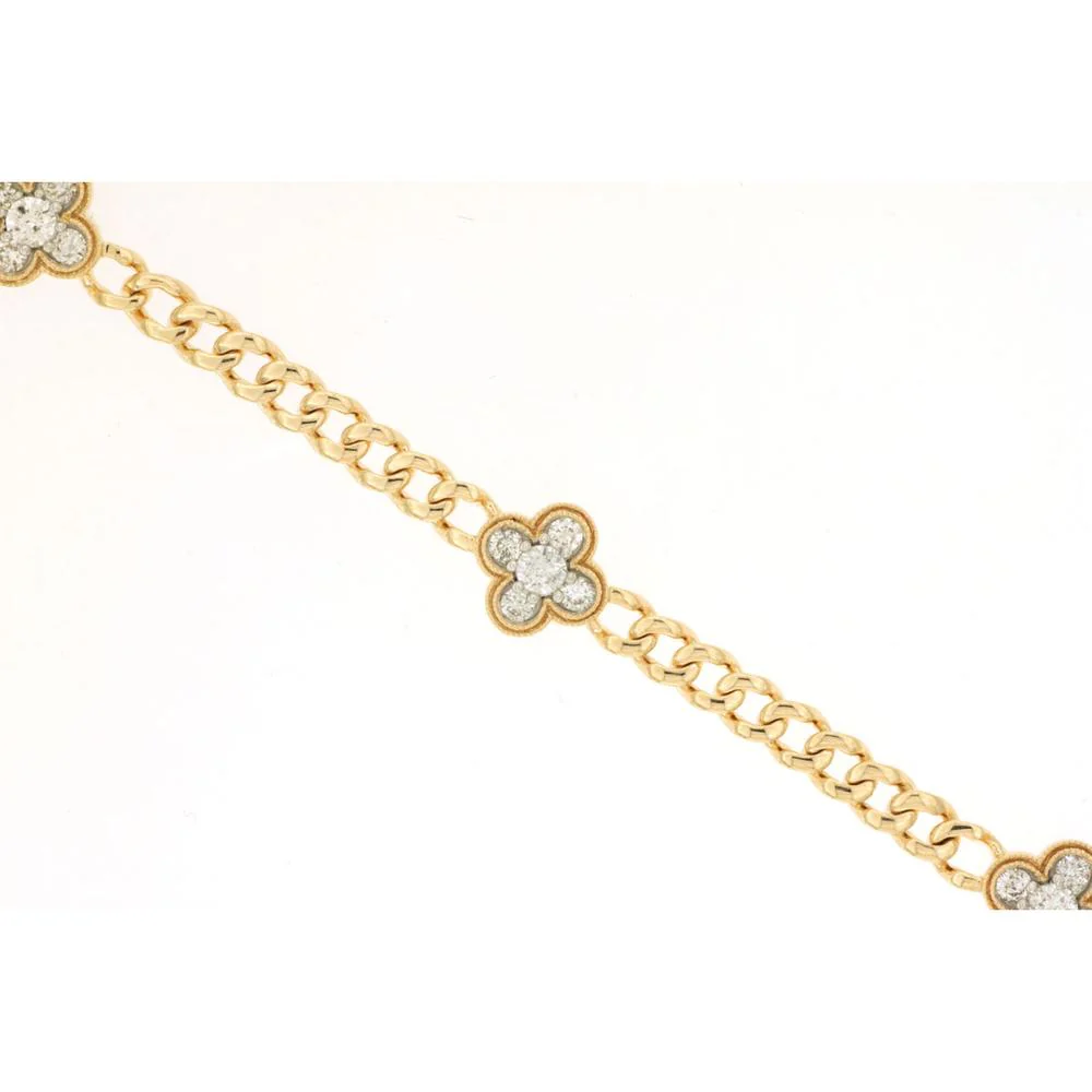 14K Yellow Gold Curb Link Flower Station Bracelet with Round Diamonds - 1.00 Carat Total Diamond Weight - Royal Jewelry