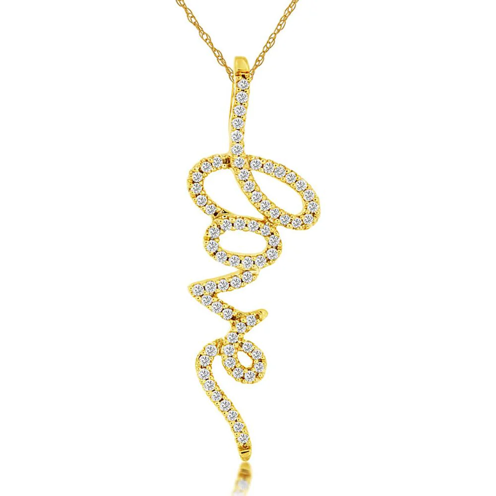 14K Yellow Gold Cursive Script LOVE Pendant with Pave Set Round Diamonds - 0.20 Carat Total Diamond Weight - Royal Jewelry