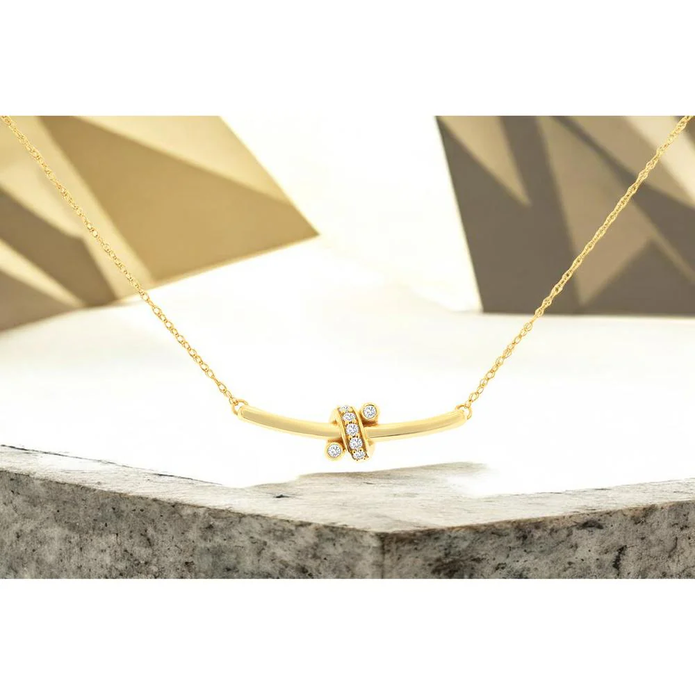 14K Yellow Gold Curved Bar Necklace with Sliding Diamond Accent Ring - 0.07 Carat Total Diamond Weight - Royal Jewelry - Image 2
