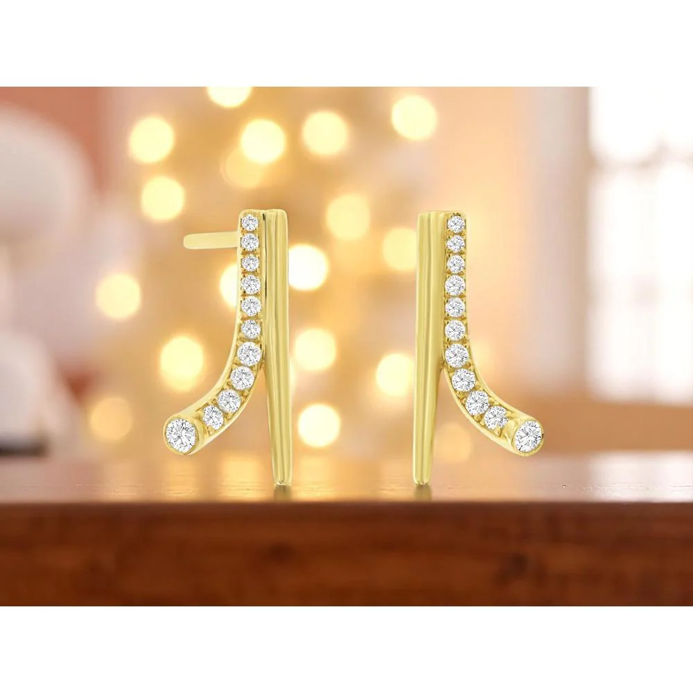 14K Yellow Gold Curved Bar Stud Earrings with Round Diamonds - 0.18 Carat Total Diamond Weight - Royal Jewelry - Image 2