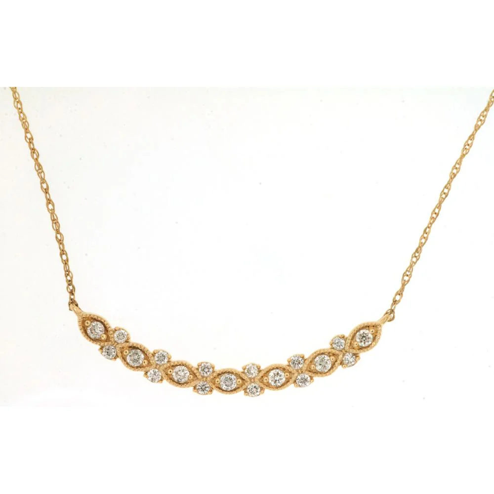 14K Yellow Gold Curved Marquise and Round Diamond Necklace - 0.21 Carat Total Diamond Weight - Royal Jewelry