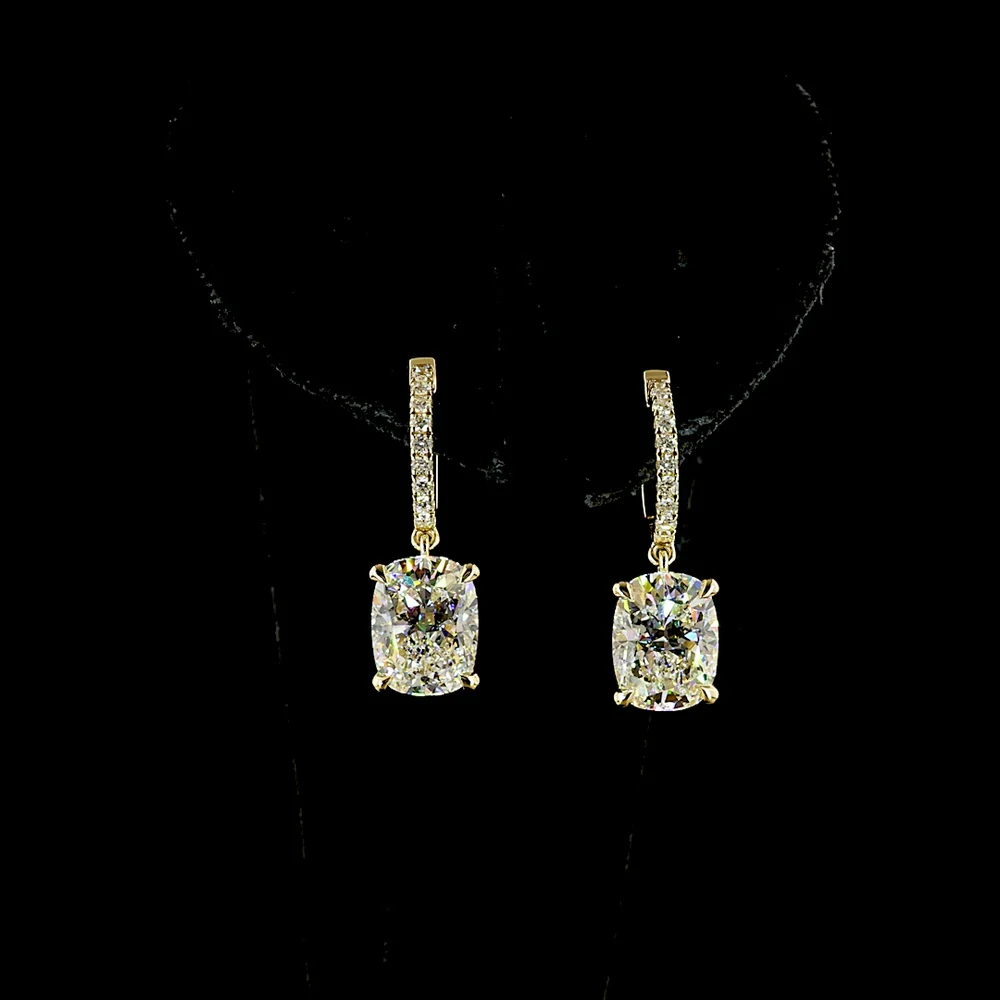 14K Yellow Gold Cushion Brilliant Cut Lab Diamond Hanging Earrings - 5.33 Carat Total Weight, E-F Color VS1 Clarity with Accent Diamonds - Covaloro Fine Jewelry