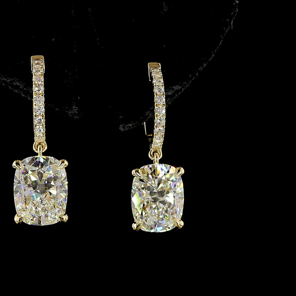 14K Yellow Gold Cushion Brilliant Cut Lab Diamond Hanging Earrings - 5.33 Carat Total Weight, E-F Color VS1 Clarity with Accent Diamonds - Covaloro Fine Jewelry - Image 2