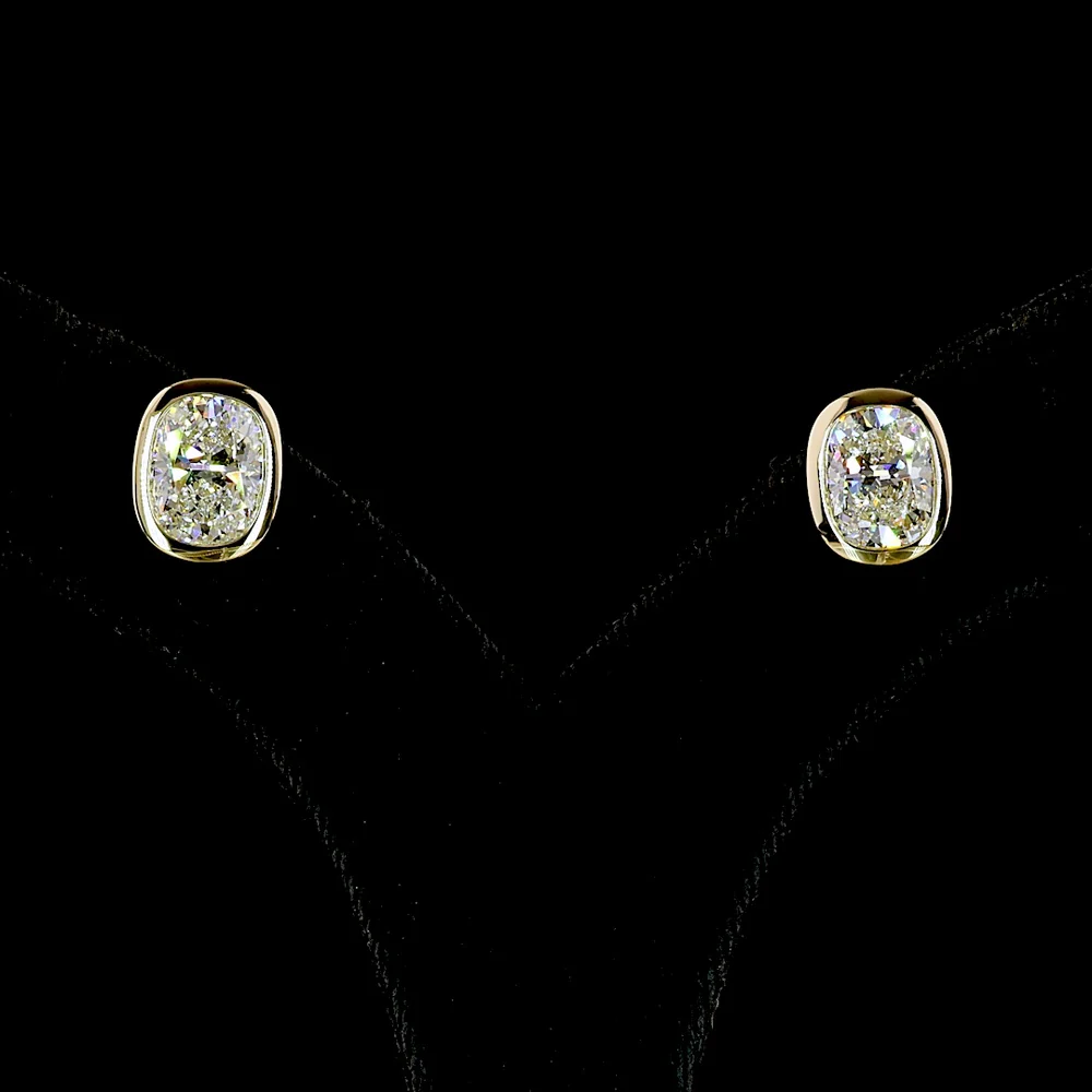 14K Yellow Gold Cushion Brilliant Cut Lab Diamond Stud Earrings - 4.76 Carat Total Weight, E-F Color VVS2 Clarity, Bezel Set - Covaloro Fine Jewelry