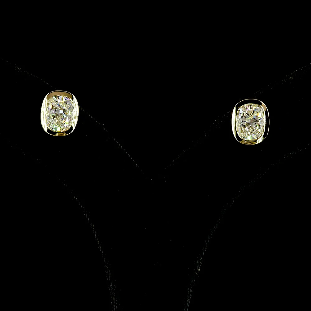 14K Yellow Gold Cushion Brilliant Cut Lab Diamond Stud Earrings with Bezel Setting - 3.48 Carat Total Weight - Covaloro Fine Jewelry