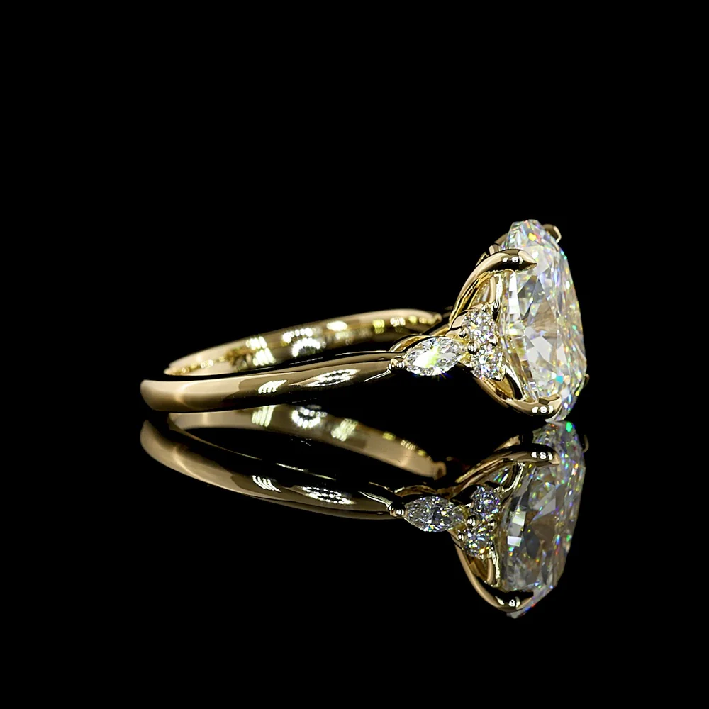 14K Yellow Gold Cushion Brilliant Lab Diamond Engagement Ring with Marquise and Round Accents - 4.78 Carats Total Diamond Weight - Covaloro Fine Jewelry - Image 2