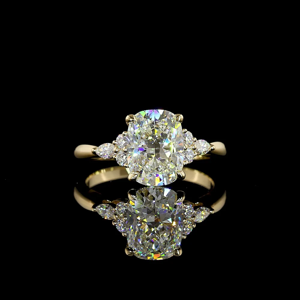 14K Yellow Gold Cushion Brilliant Lab Diamond Ring with North-South Cluster of Round and Marquise Diamonds - 2.87 Carat Total Weight - Covaloro Fine Jewelry