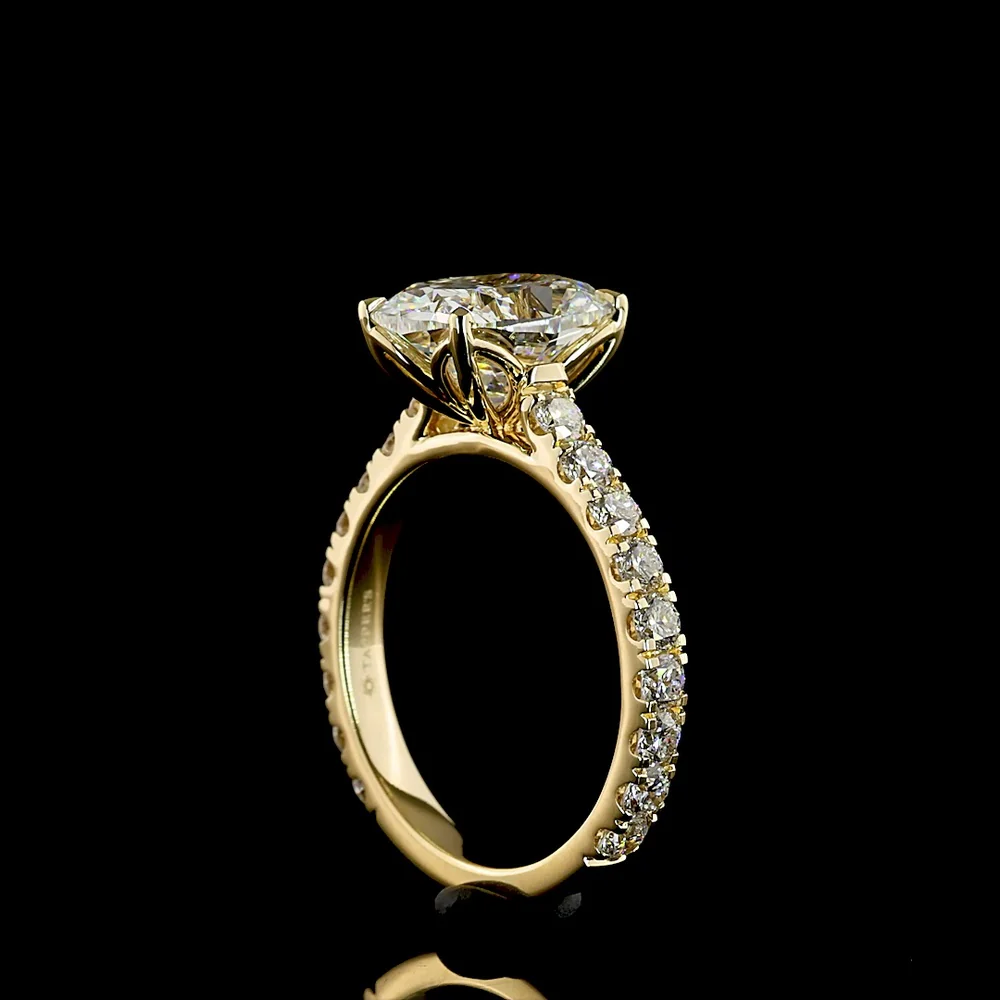 14K Yellow Gold Cushion Brilliant Solitaire Ring with Diamond Shank - 3.12 Carats Center Lab Diamond, 4.12 Carats Total Diamond Weight - Covaloro Fine Jewelry - Image 3