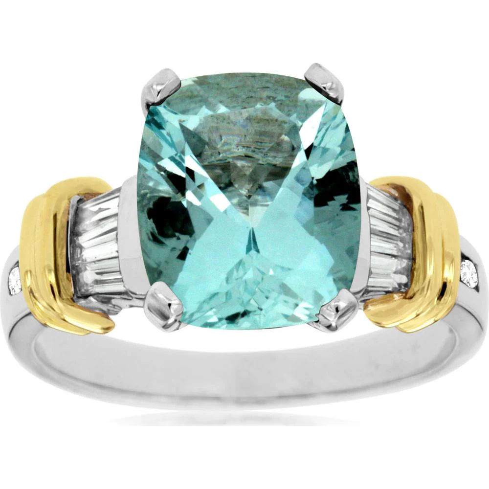14K Yellow Gold Cushion Cut Aquamarine & Diamond Ring - 4.08 Carats Total Gem Weight - Royal Jewelry