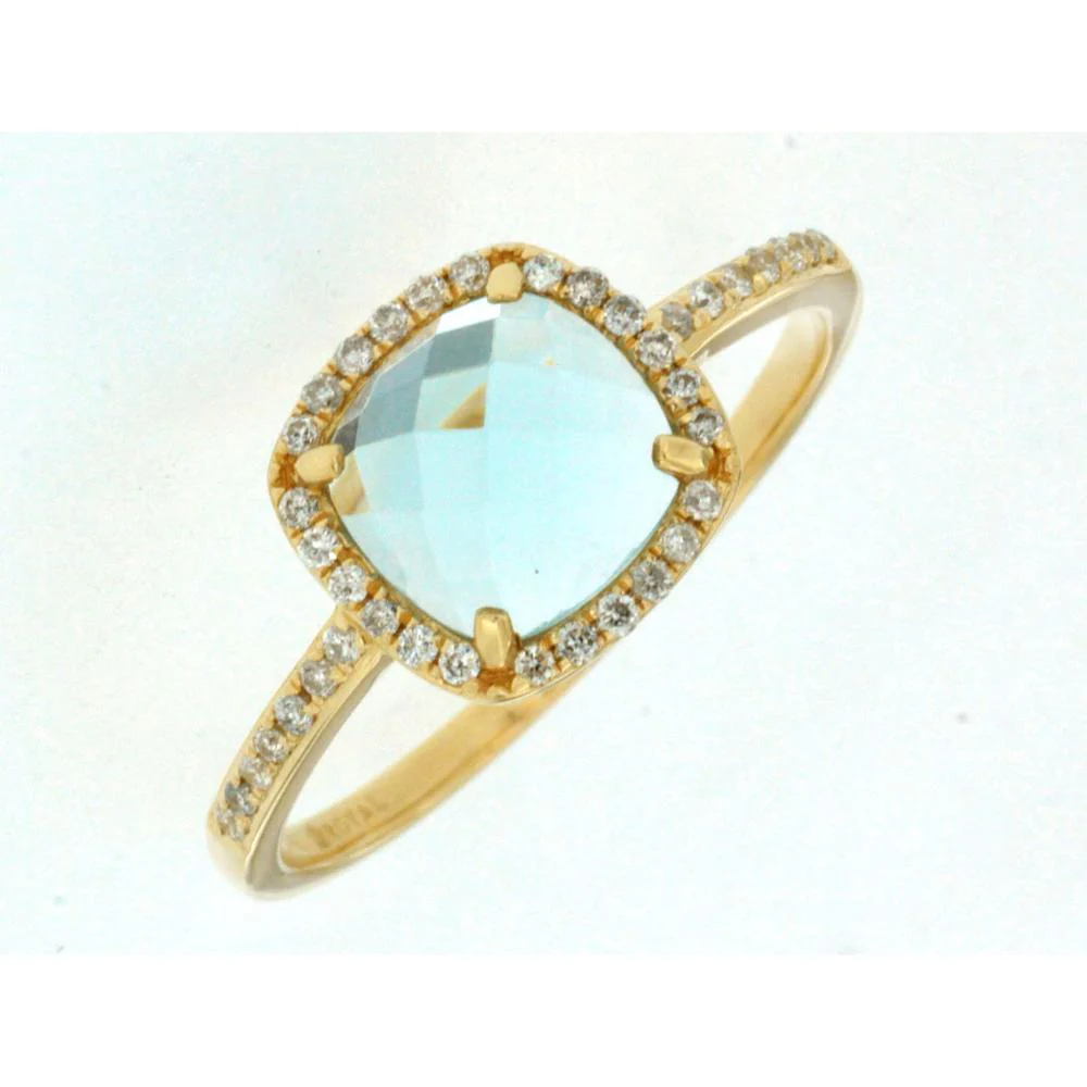 14K Yellow Gold Cushion-Cut Aquamarine Halo Ring with 0.15 Carat Diamonds - 1.15 Carat Total Aquamarine Weight - Royal Jewelry