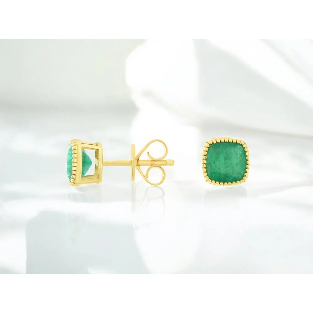14K Yellow Gold Cushion Cut Emerald Stud Earrings with Milgrain Detail - 1.70 Carat Total Gem Weight - Royal Jewelry - Image 2