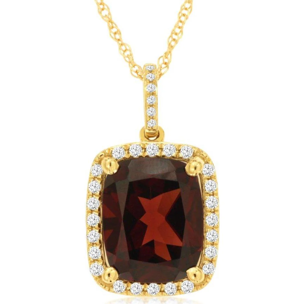 14K Yellow Gold Cushion Cut Garnet and Diamond Halo Pendant Necklace - 4.75 Carat Garnet with 0.22 Carat Total Diamond Weight - Royal Jewelry