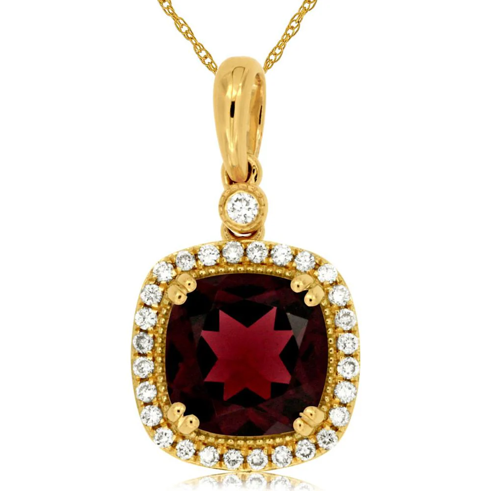 14K Yellow Gold Cushion Cut Garnet and Diamond Halo Pendant with Milgrain Detail - 2.75 Carat Garnet and 0.18 Carat Diamond Total Weight - Royal Jewelry