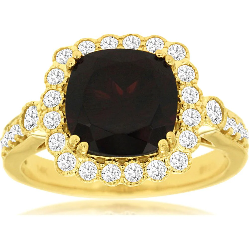 14K Yellow Gold Cushion Cut Garnet and Halo Diamond Ring - 3.50 Carat Garnet, 0.50 Carat Total Diamond Weight - Royal Jewelry