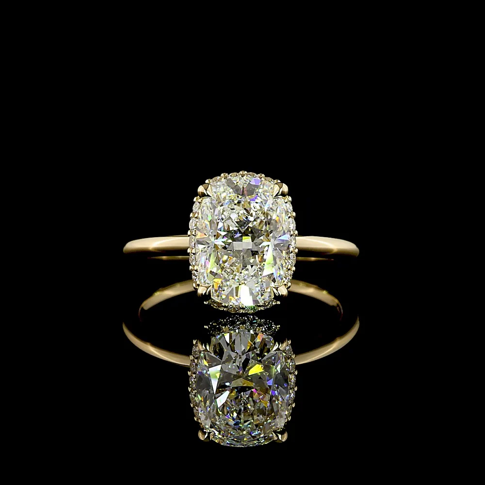 14K Yellow Gold Cushion Cut Lab Diamond Halo Ring - 2.71 Carat Center Stone with 0.19 Carat Diamond Halo, Total 2.90 Carats, E VVS2 IGI Certified - Covaloro Fine Jewelry