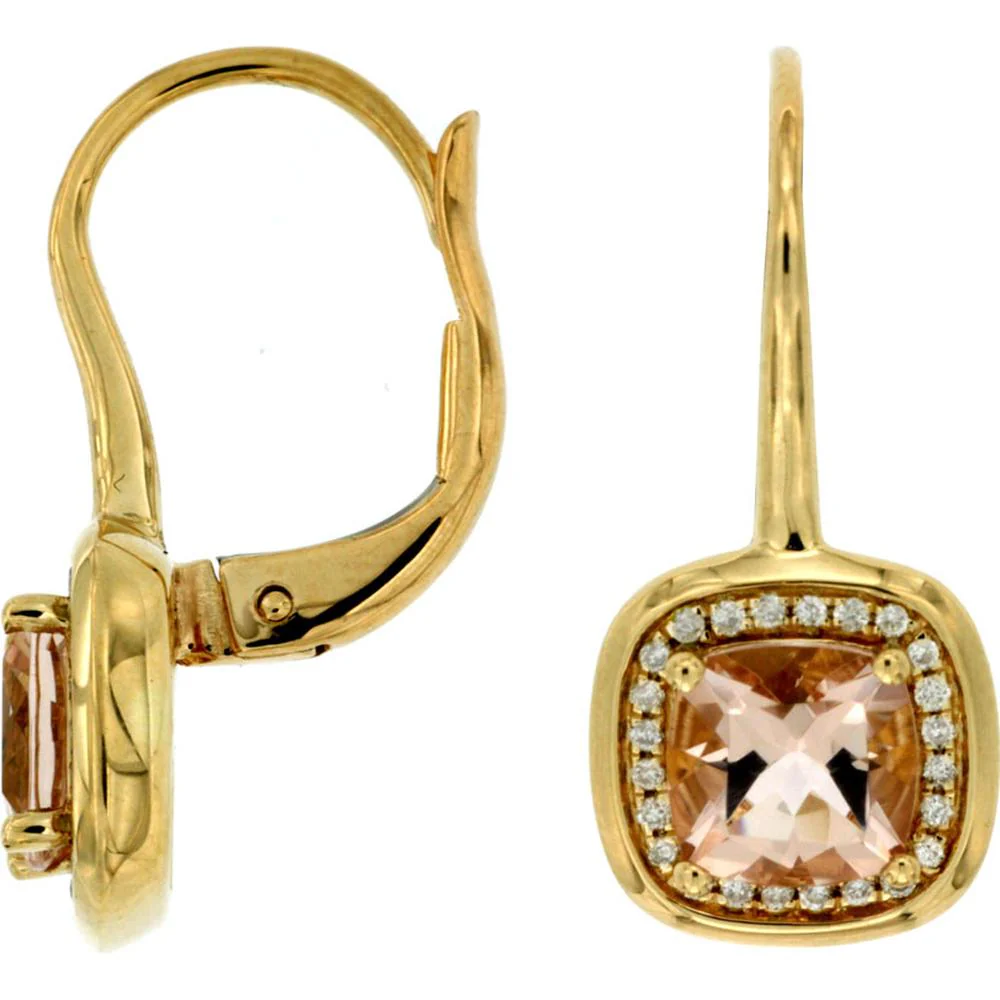 14K Yellow Gold Cushion Cut Morganite & Diamond Halo Lever Back Earrings - 1.75 Carat Total Morganite Weight, 0.15 Carat Total Diamond Weight - Royal Jewelry