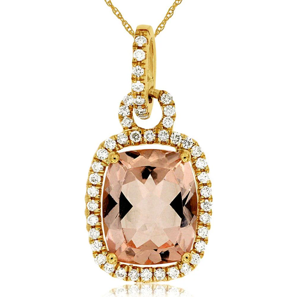 14K Yellow Gold Cushion Cut Morganite and Diamond Halo Pendant with 4.10 Carat Morganite and 0.30 Carat Total Diamond Weight - Royal Jewelry