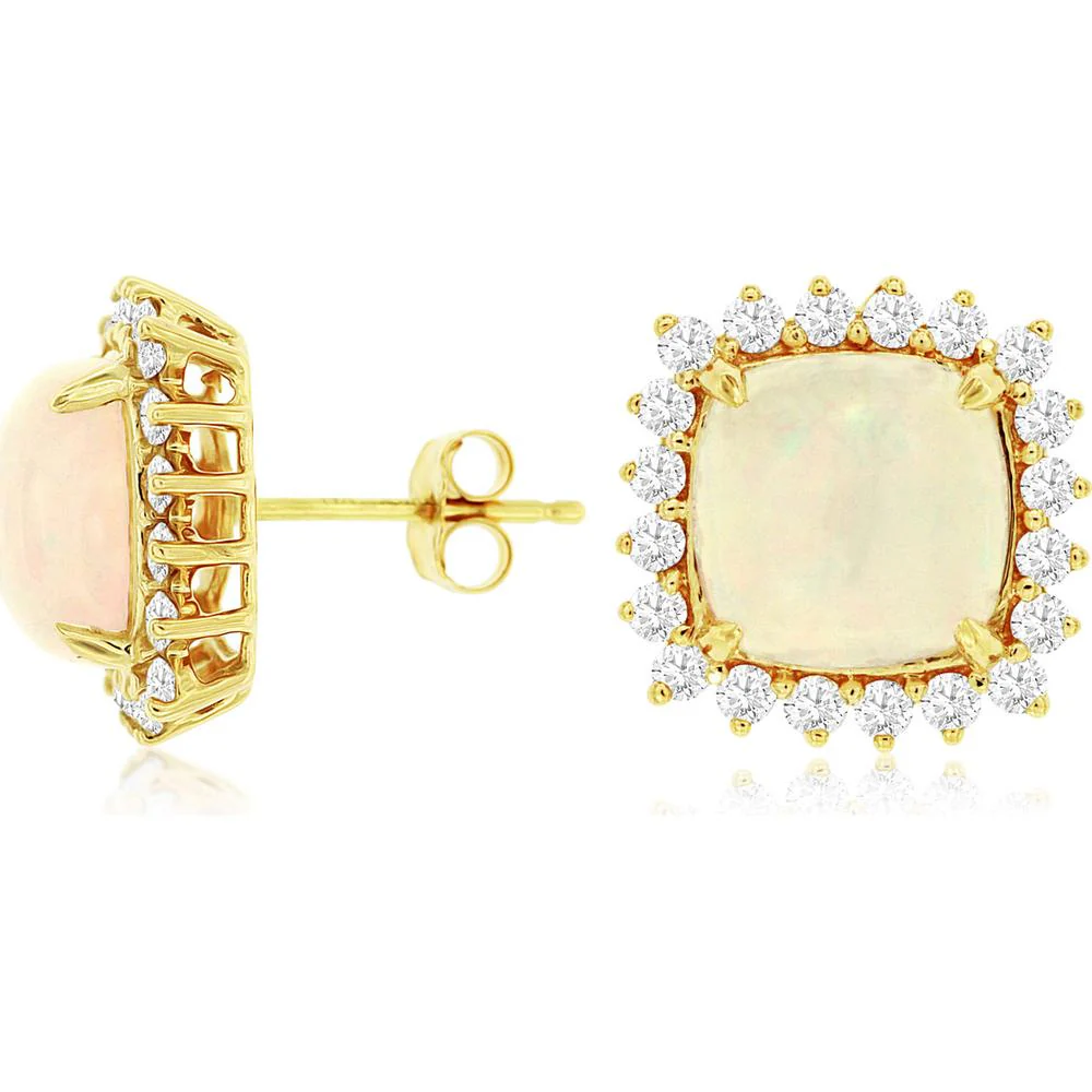 14K Yellow Gold Cushion Cut Opal and Diamond Halo Earrings - 5.25 Carats Total Opal Weight - Royal Jewelry