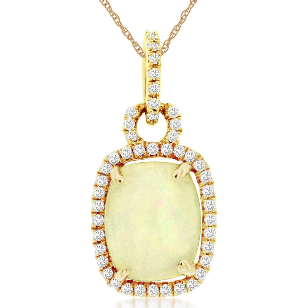 14K Yellow Gold Cushion Cut Opal and Diamond Halo Pendant - 2.85 Carat Opal and 0.30 Carat Total Diamond Weight - Royal Jewelry