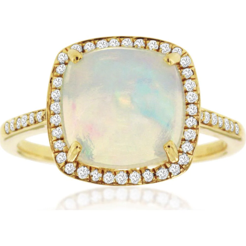 14K Yellow Gold Cushion Cut Opal and Diamond Halo Ring - 2.60 Carat Opal with 0.20 Carat Total Diamond Weight - Royal Jewelry
