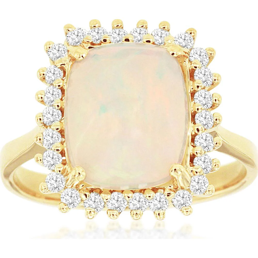 14K Yellow Gold Cushion Cut Opal and Diamond Halo Ring - 2.85 Carat Opal & 0.40 Carat Diamond Total Weight - Royal Jewelry