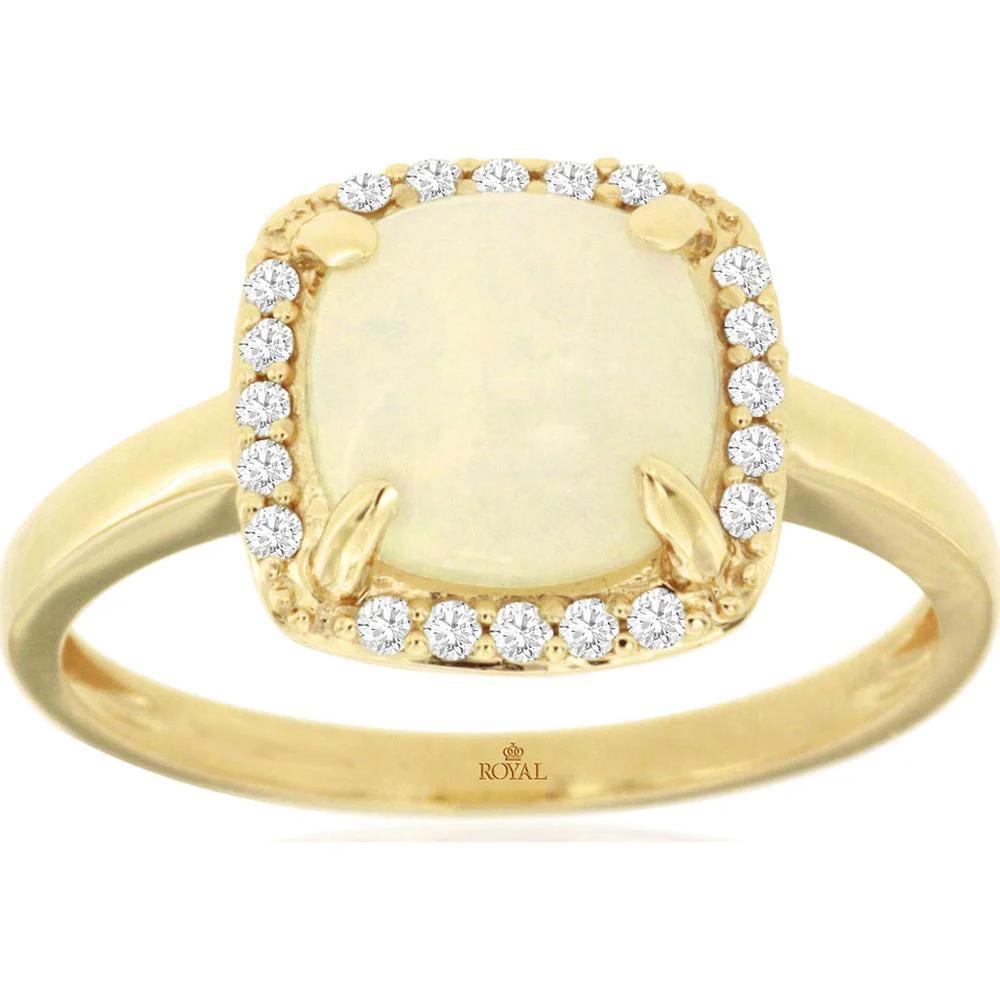 14K Yellow Gold Cushion Cut Opal and Diamond Halo Ring with Milgrain Detail - 1.40 Carat Opal and 0.13 Carat Diamond Total Weight - Royal Jewelry