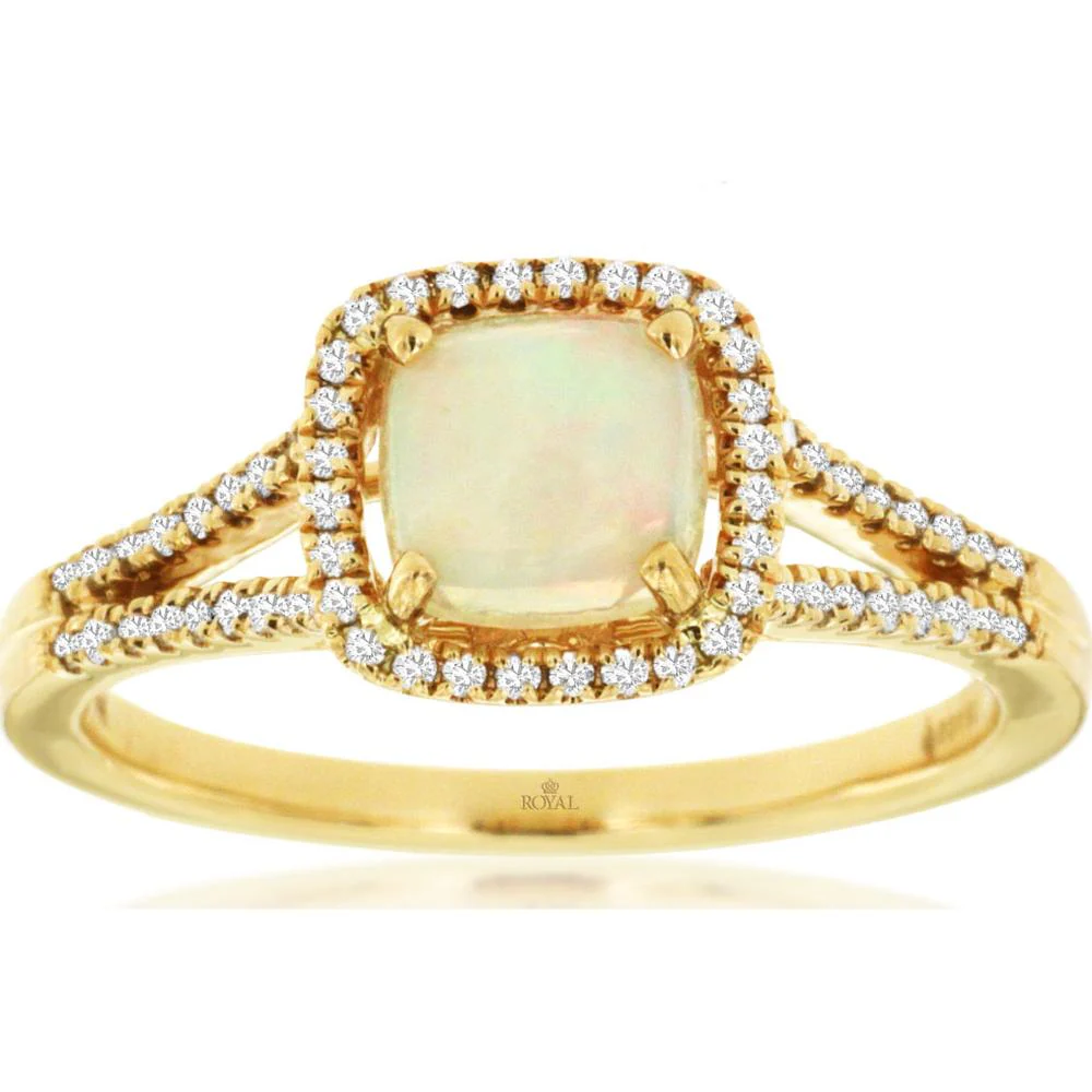 14K Yellow Gold Cushion Cut Opal and Diamond Halo Ring with Milgrain Split Shank - 0.65 Carat Opal, 0.20 Carat Total Diamond Weight - Royal Jewelry