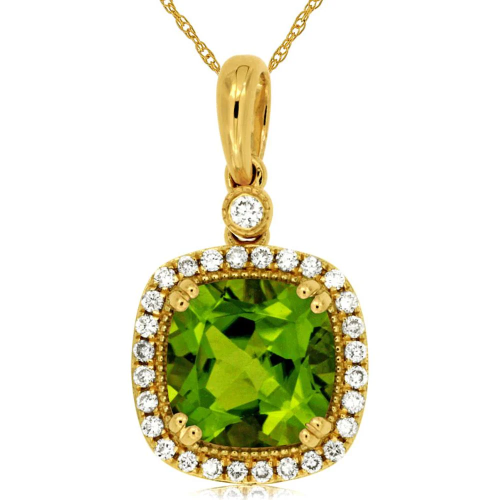 14K Yellow Gold Cushion Cut Peridot and Diamond Halo Pendant - 2.10 Carat Peridot, 0.18 Carat Total Diamond Weight - Royal Jewelry