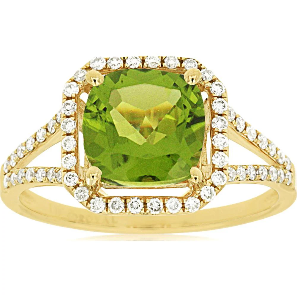 14K Yellow Gold Cushion Cut Peridot and Diamond Halo Ring - 2.55 Carats Total Gem Weight - Royal Jewelry