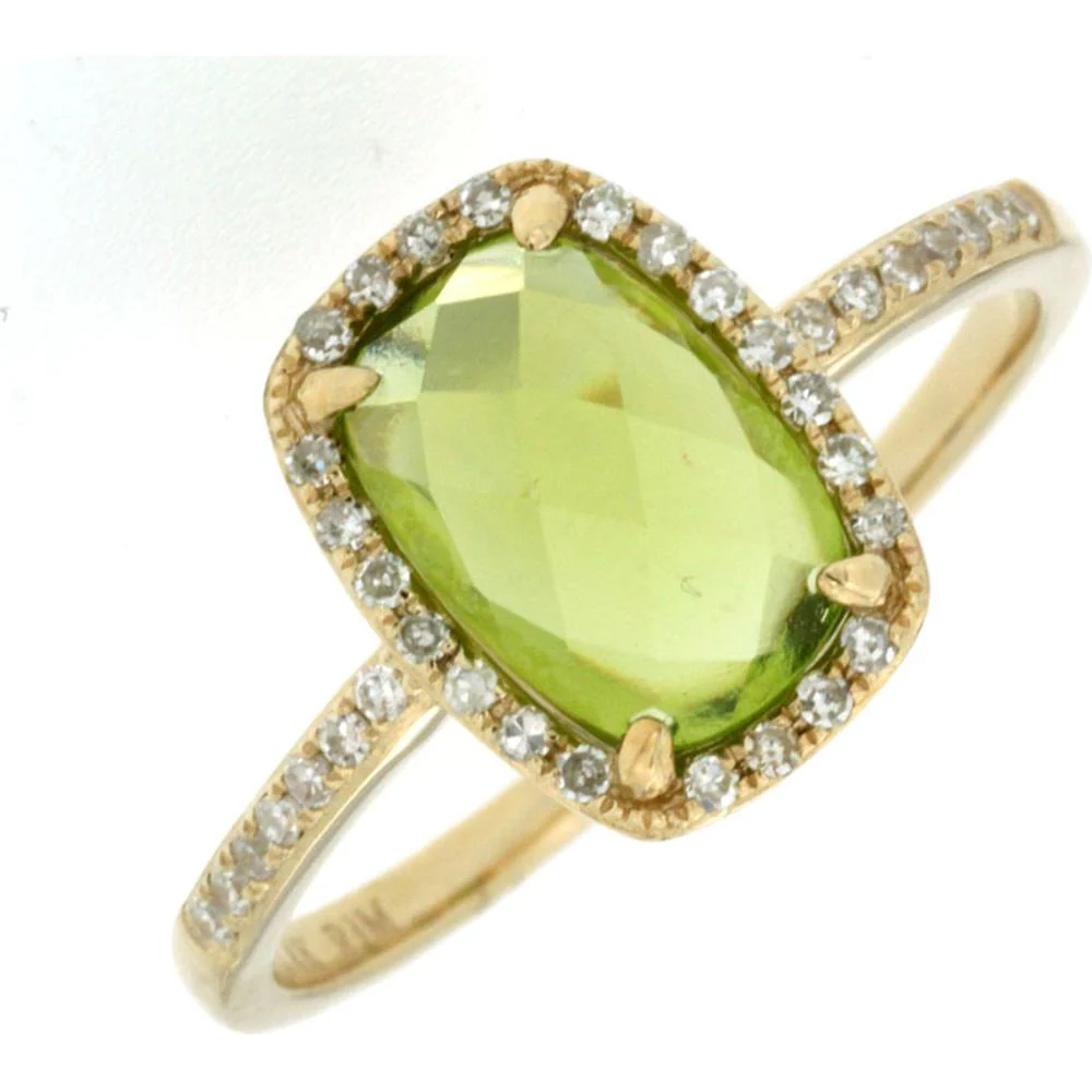 14K Yellow Gold Cushion Cut Peridot Ring with Diamond Halo - 2.14 Carats Total Gem Weight - Royal Jewelry