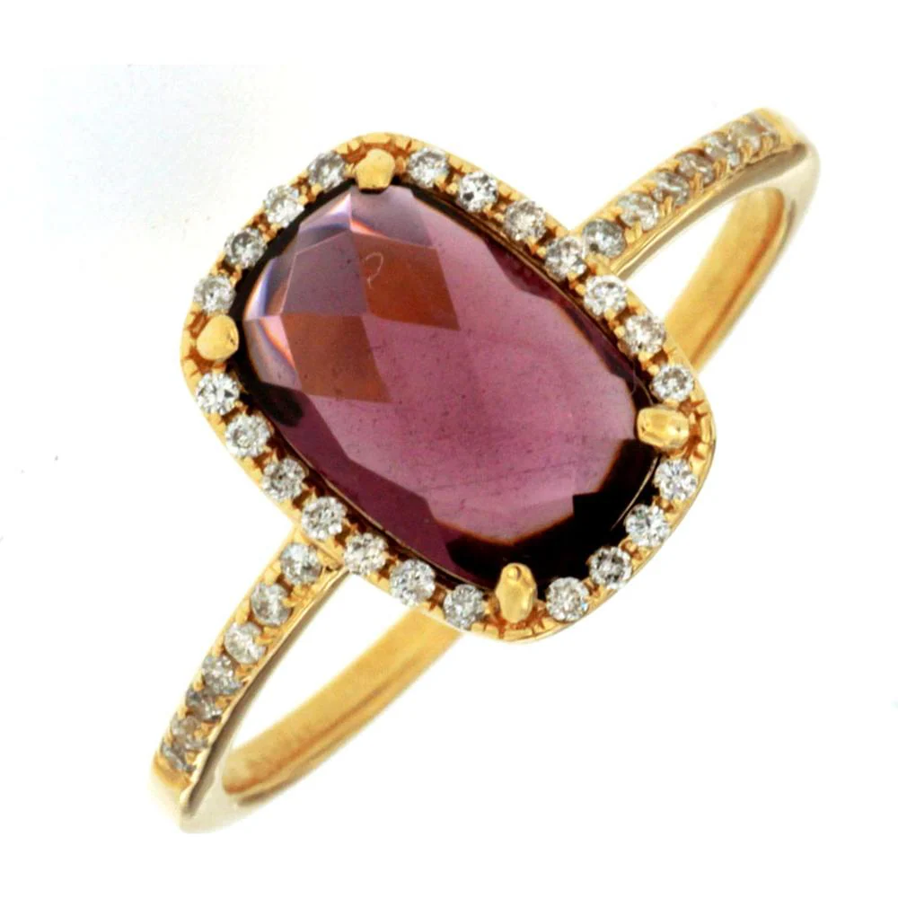 14K Yellow Gold Cushion Cut Rhodolite & Diamond Halo Ring - 2.00 Carat Rhodolite & 0.14 Carat Total Diamond Weight - Royal Jewelry
