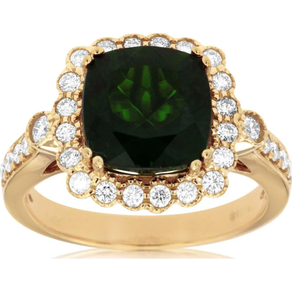 14K Yellow Gold Cushion Cut Russalite & Diamond Halo Ring - 3.20 Carat Russalite, 0.50 Carat Diamond Total Weight - Royal Jewelry
