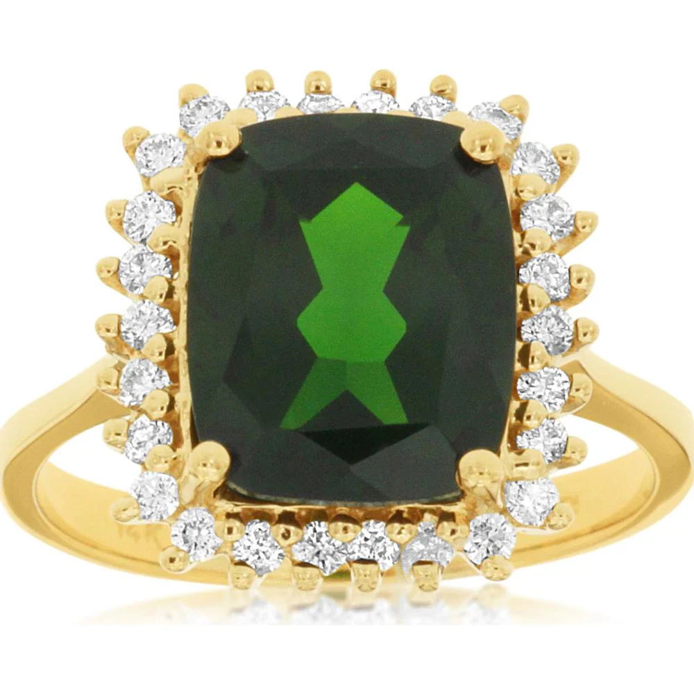14K Yellow Gold Cushion Cut Russalite & Diamond Halo Ring - 4.40 Carat Russalite, 0.40 Carat Diamonds - Royal Jewelry
