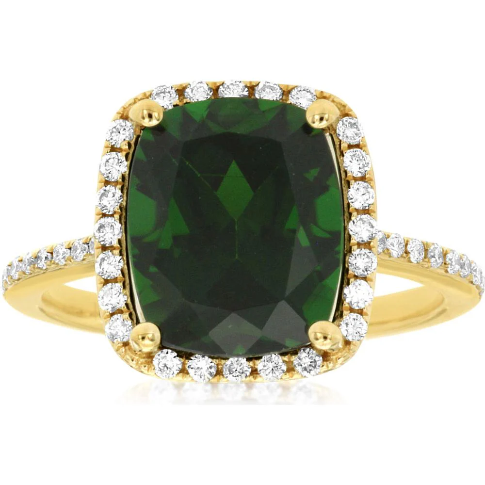 14K Yellow Gold Cushion Cut Russalite and Diamond Halo Ring - 4.40 Carat Russalite and 0.30 Carat Total Diamond Weight - Royal Jewelry