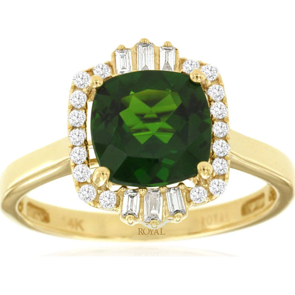 14K Yellow Gold Cushion Cut Russalite and Diamond Halo Ring with Baguette and Round Diamonds - 2.15 Carat Russalite, 0.21 Carat Total Diamond Weight - Royal Jewelry