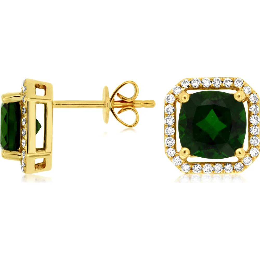 14K Yellow Gold Cushion Cut Russalite & Diamond Halo Stud Earrings - 2.80 Carat Total Russalite Weight, 0.25 Carat Total Diamond Weight - Royal Jewelry