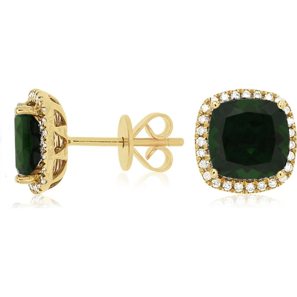 14K Yellow Gold Cushion Cut Russalite Halo Stud Earrings with Diamond Accents - 4.30 Carat Total Russalite Weight, 0.21 Carat Total Diamond Weight - Royal Jewelry