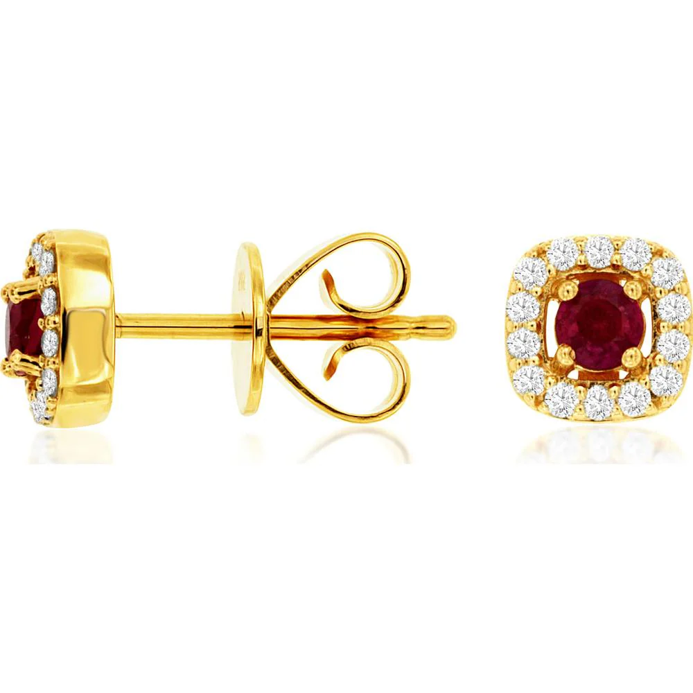 14K Yellow Gold Cushion Halo Stud Earrings with Round Ruby and Diamond Accents - 0.35 Carat Total Ruby Weight, 0.18 Carat Total Diamond Weight - Royal Jewelry