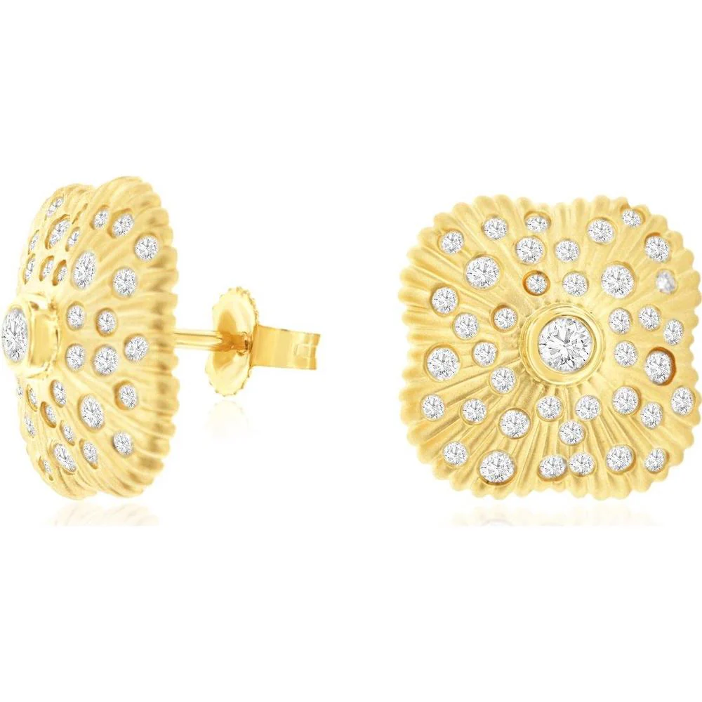 14K Yellow Gold Cushion-Shaped Floral Sunburst Diamond Stud Earrings with Bezel and Flush Set Round Diamonds - 0.55 Carat Total Diamond Weight - Royal Jewelry