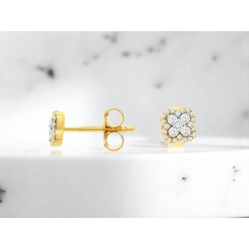 14K Yellow Gold Cushion-Shaped Halo Cluster Diamond Stud Earrings - 0.25 Carat Total Diamond Weight - Royal Jewelry - Image 2