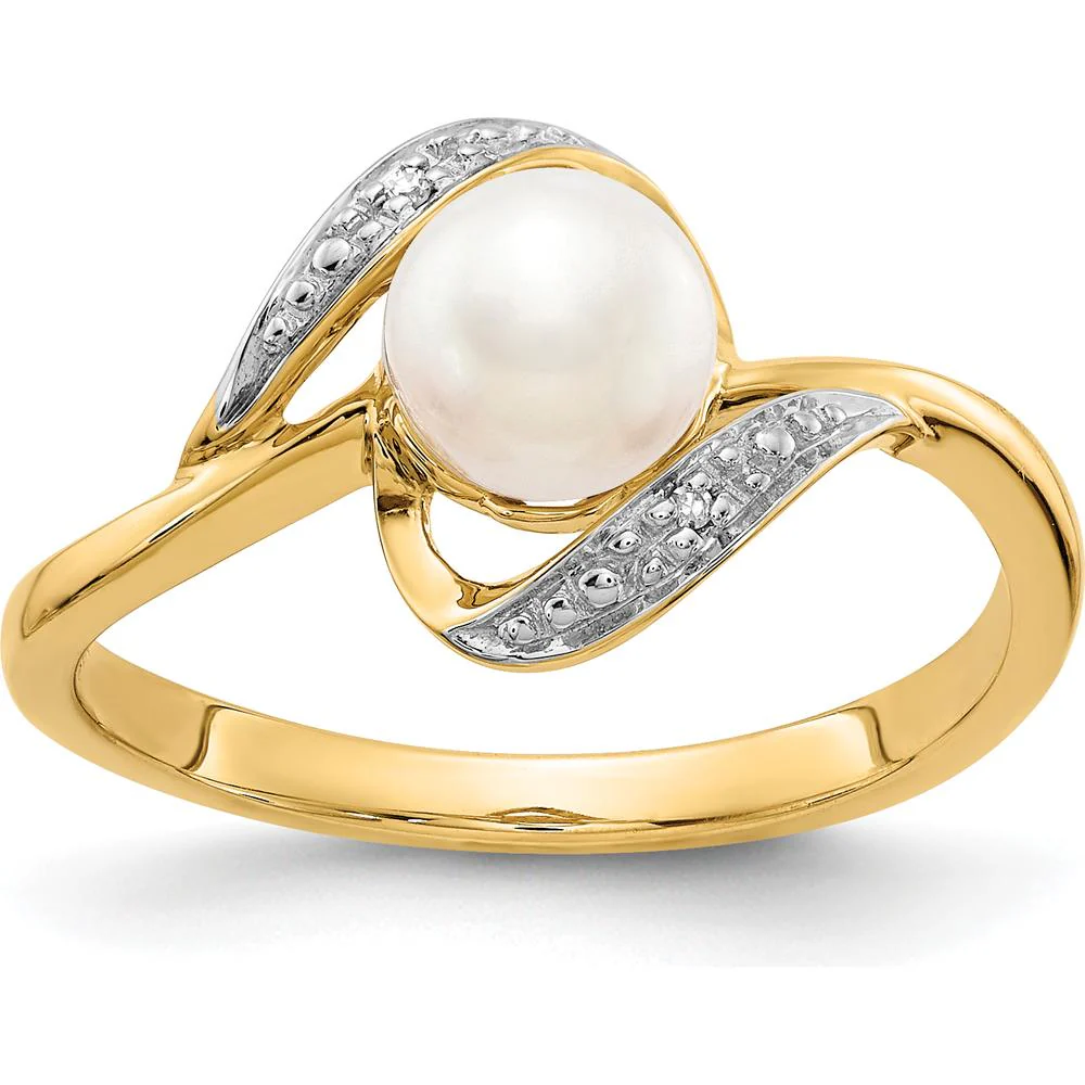 14K Yellow Gold Diamond and Freshwater Cultured Pearl Ring with 2 Round Diamonds - 0.012 Carat Total Diamond Weight - Size 7 by Monteluci Fine Jewelry