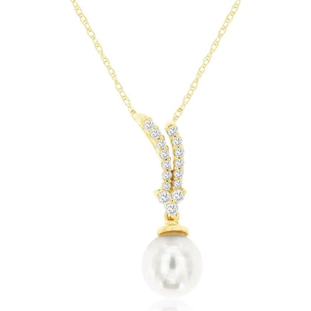 14K Yellow Gold Diamond & Pearl Pendant Necklace with 0.15 Carat Round Diamond Accents and Freshwater Pearl Drop - Royal Jewelry