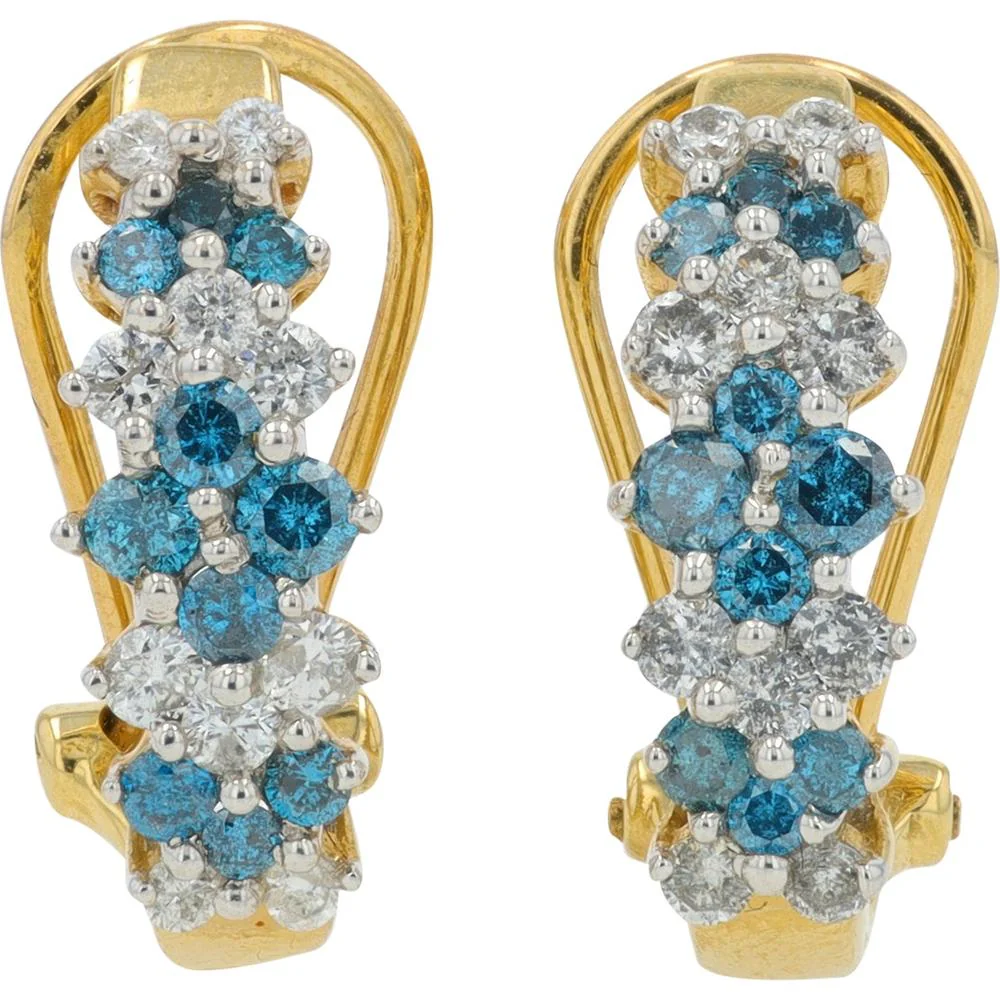 14K Yellow Gold Diamond and Treated Blue Diamond Huggie Earrings - 1.00 Carat Total Diamond Weight