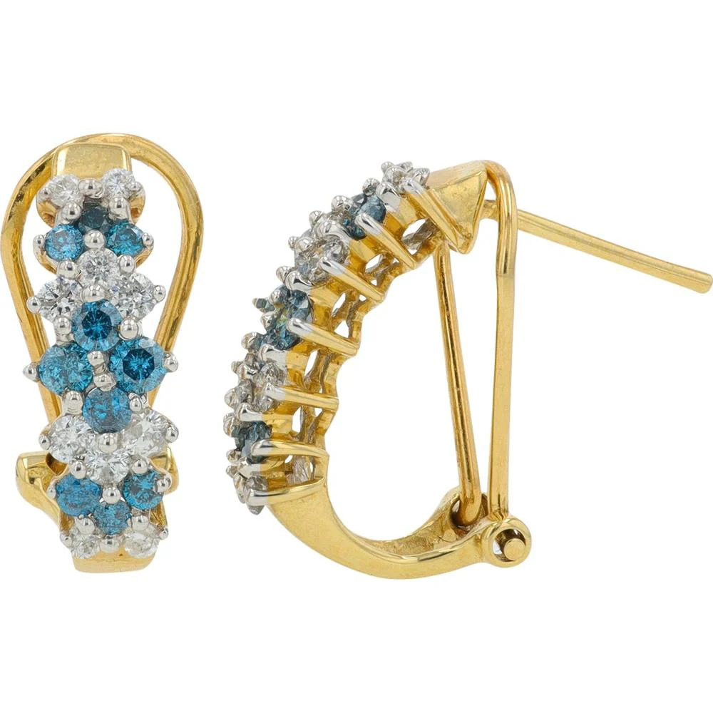 14K Yellow Gold Diamond and Treated Blue Diamond Huggie Earrings - 1.00 Carat Total Diamond Weight - Image 2