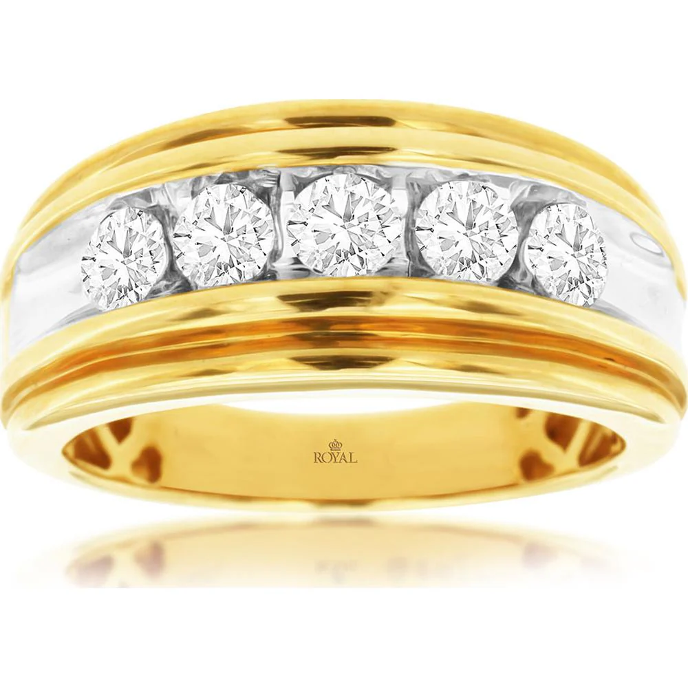 14K Yellow Gold Diamond Band for Men with 5 Round Diamonds - 1.00 Carat Total Diamond Weight - Royal Jewelry