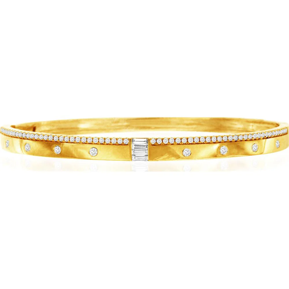 14K Yellow Gold Diamond Bangle with 0.52 Carat Round Diamonds and 0.15 Carat Baguette Diamond Center - Royal Jewelry