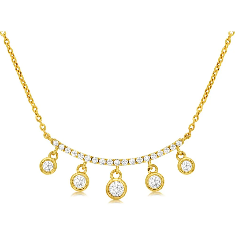 14K Yellow Gold Diamond Bar Necklace with Bezel Set Round Diamond Drops - 0.33 Carat Total Diamond Weight - Royal Jewelry
